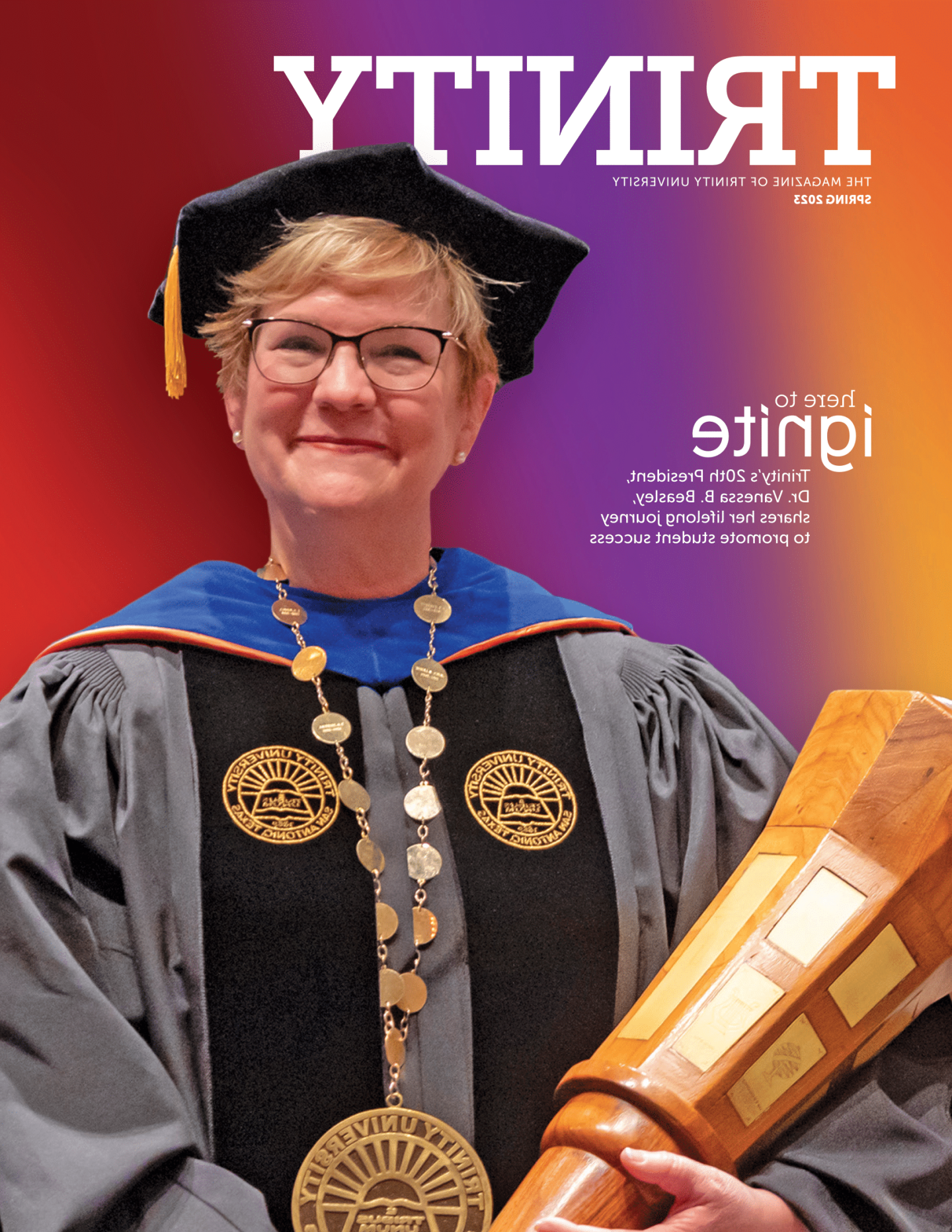 the cover of 澳门金沙线上赌博官网 magazine 2023年春季; A portrait of Vanessa Beasley holding the presidential mace in full regalia in front of a colorful gradient